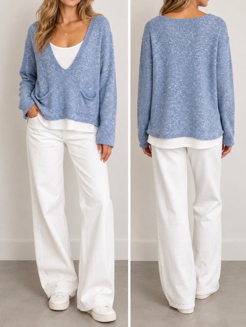 OWN IT Italy Blue Shimmer Knit Top Layered V-Neck Sweater